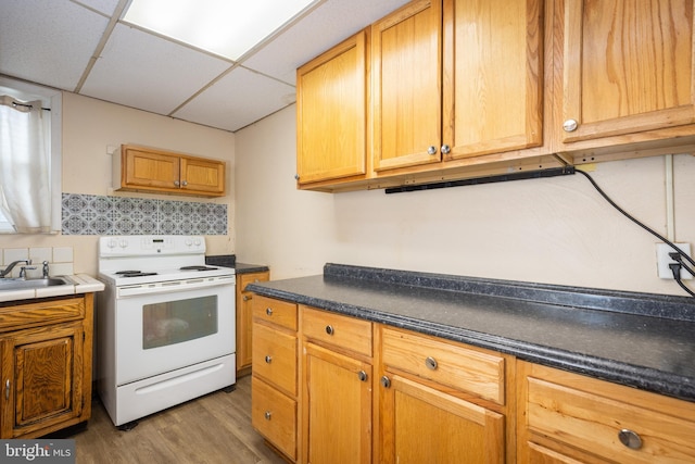 kitchen featuring a paneled ceiling, electric range, a sink, light wood-type flooring, and dark countertops