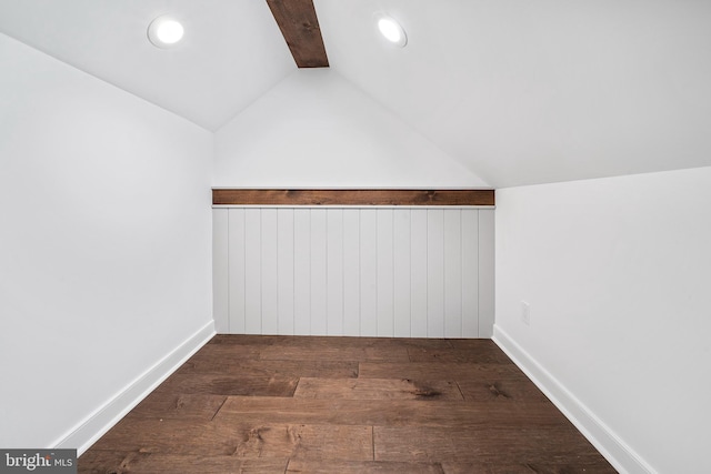 bonus room with recessed lighting, lofted ceiling with beams, baseboards, and wood finished floors