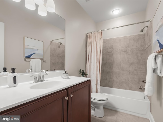 bathroom with tile patterned flooring, shower / tub combo, toilet, and vanity