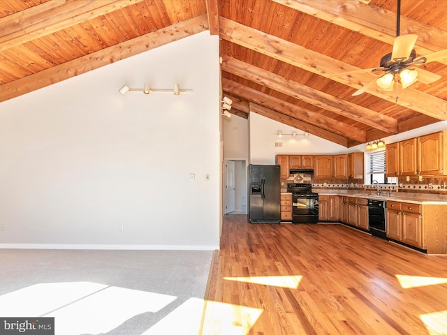 kitchen with wooden ceiling, decorative backsplash, brown cabinets, black appliances, and beamed ceiling