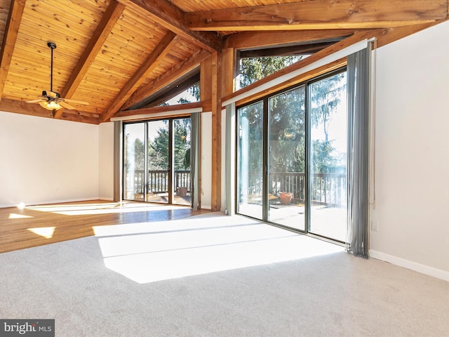 spare room with lofted ceiling with beams, baseboards, wood ceiling, and carpet floors