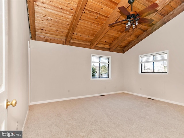 spare room featuring vaulted ceiling with beams, wooden ceiling, carpet, and baseboards