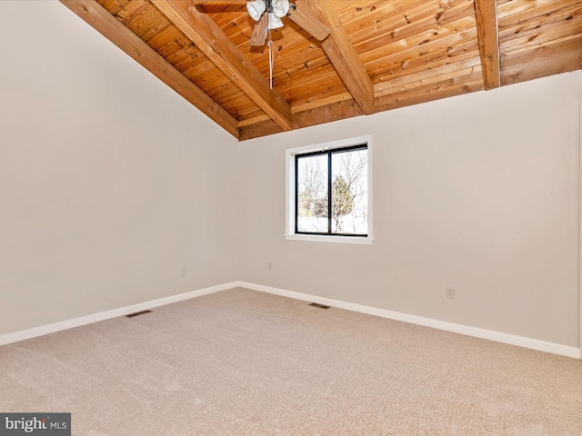 carpeted spare room with wood ceiling, visible vents, vaulted ceiling with beams, and baseboards