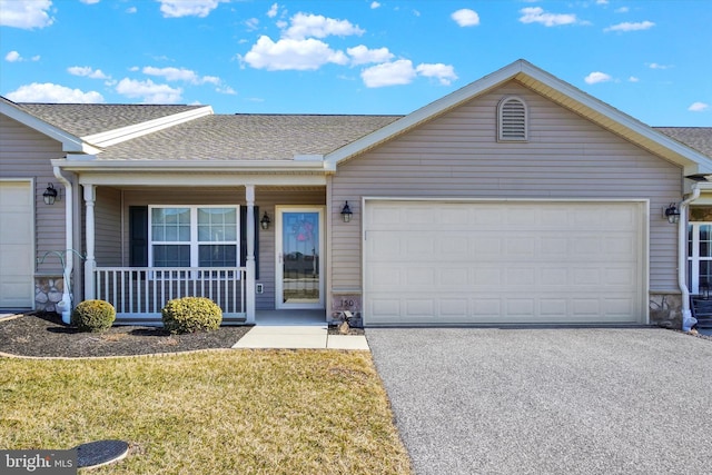 single story home featuring stone siding, aphalt driveway, roof with shingles, an attached garage, and a porch