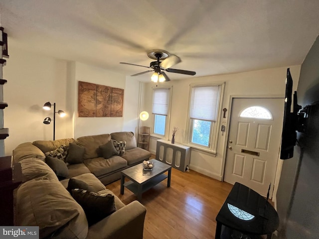 living room featuring a ceiling fan and wood finished floors