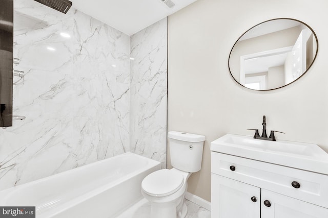 bathroom featuring shower / bath combination, baseboards, toilet, marble finish floor, and vanity