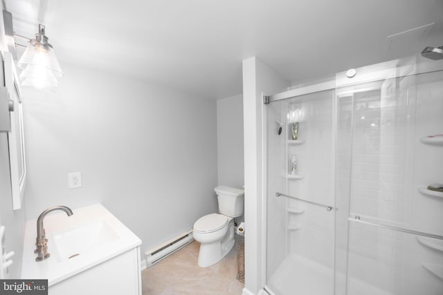 bathroom with tile patterned flooring, a stall shower, toilet, and a baseboard radiator