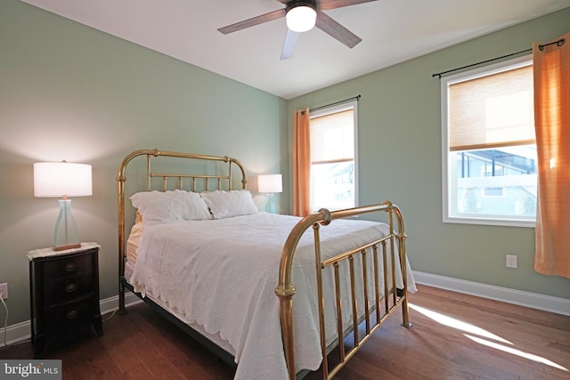 bedroom featuring ceiling fan, multiple windows, wood finished floors, and baseboards