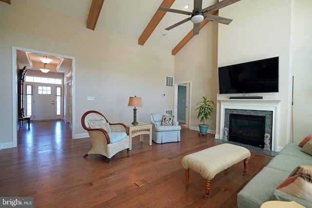 living room with high vaulted ceiling, beam ceiling, visible vents, and wood finished floors