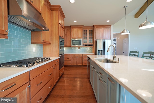 kitchen featuring dark wood-style floors, appliances with stainless steel finishes, hanging light fixtures, under cabinet range hood, and a sink