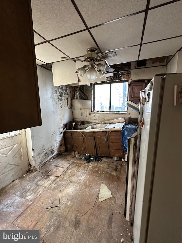 kitchen with a paneled ceiling, a ceiling fan, a sink, and freestanding refrigerator