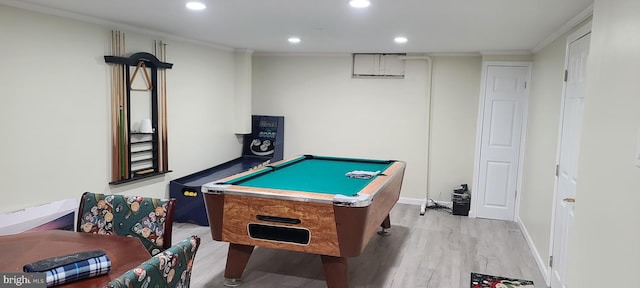 recreation room with recessed lighting, billiards, wood finished floors, baseboards, and ornamental molding