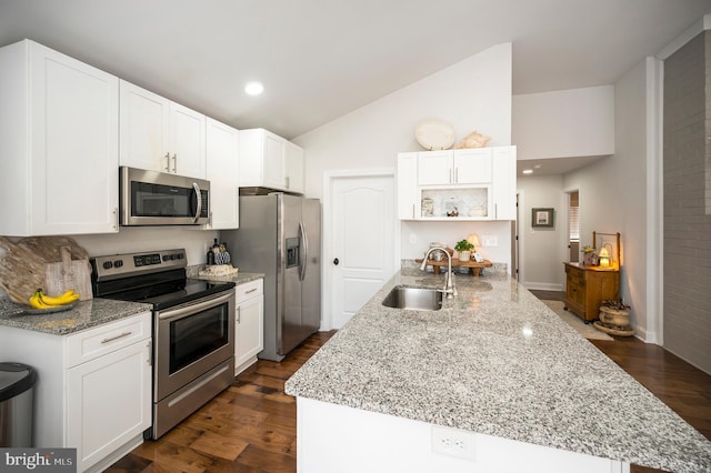 kitchen with dark wood-style floors, vaulted ceiling, stainless steel appliances, open shelves, and a sink