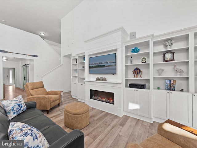 living room featuring a large fireplace, light wood-type flooring, and vaulted ceiling