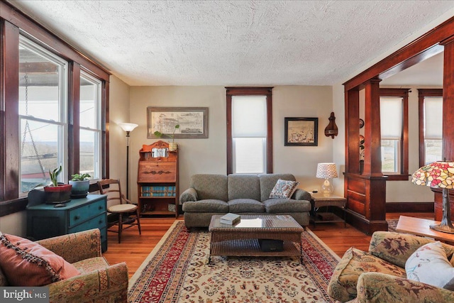 living room with a textured ceiling and wood finished floors