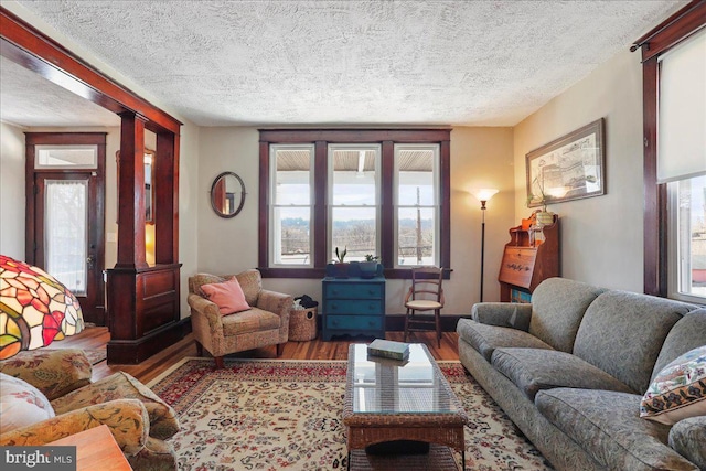 living room featuring a textured ceiling and wood finished floors