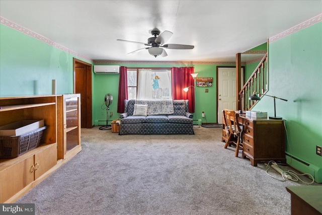 carpeted living room featuring a ceiling fan, a wall unit AC, stairway, and baseboard heating