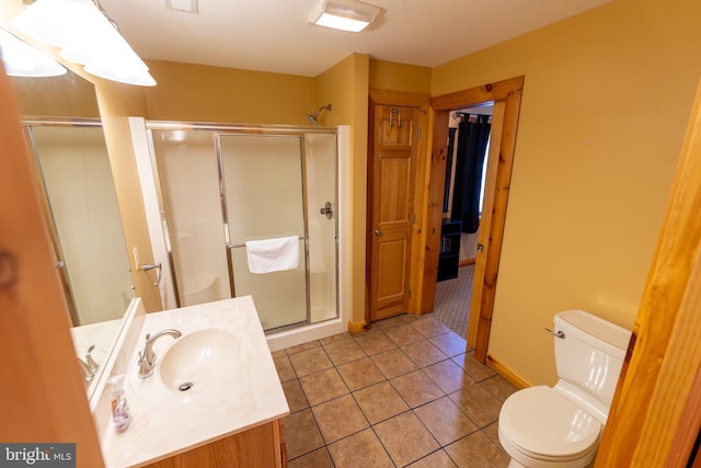 full bathroom with tile patterned flooring, a stall shower, toilet, and vanity