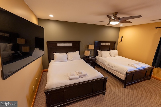 bedroom with visible vents, baseboards, ceiling fan, light colored carpet, and recessed lighting