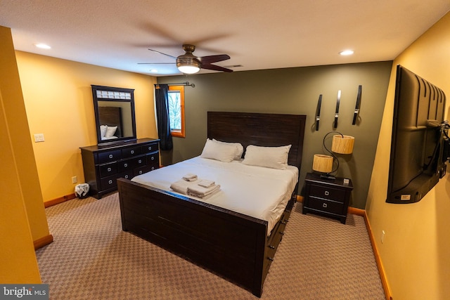 bedroom with ceiling fan, recessed lighting, baseboards, and light carpet