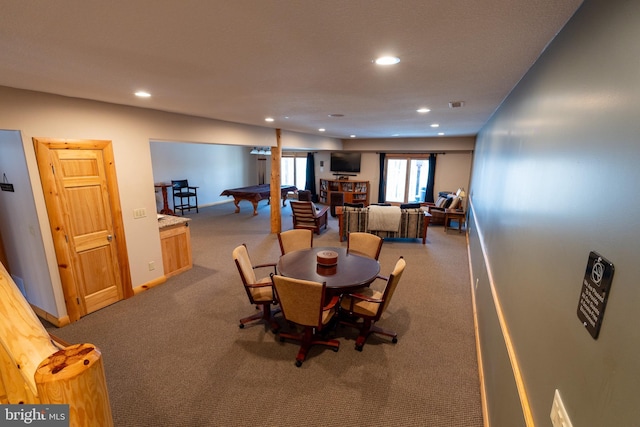 dining room with billiards, visible vents, baseboards, carpet floors, and recessed lighting