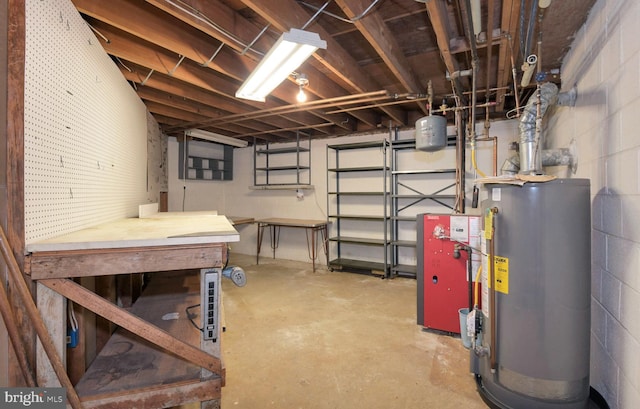 unfinished below grade area featuring water heater, a workshop area, a heating unit, and concrete block wall