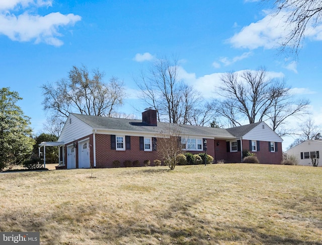 single story home with brick siding, a front lawn, a chimney, and a garage