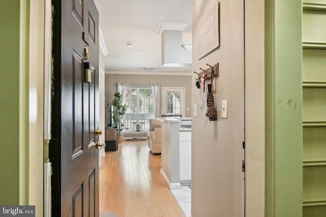 hall featuring crown molding and light wood-style floors