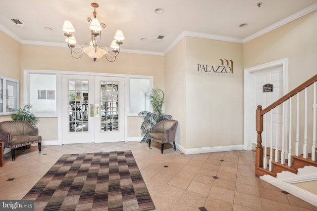 foyer with ornamental molding, french doors, stairway, tile patterned flooring, and baseboards