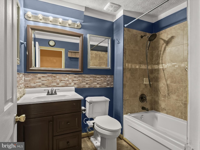 bathroom with visible vents, toilet, a textured ceiling, vanity, and shower / bathing tub combination