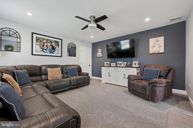 carpeted living area featuring baseboards, visible vents, ceiling fan, and recessed lighting