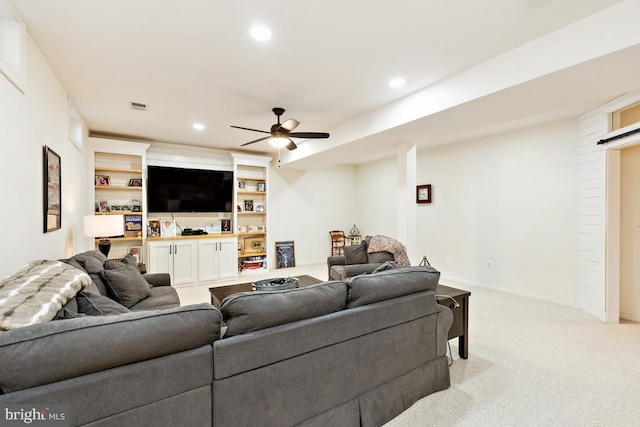 living room featuring light carpet, recessed lighting, visible vents, and ceiling fan