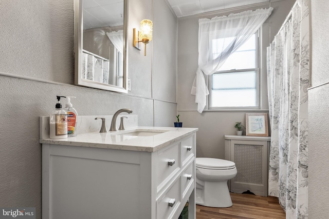 bathroom featuring toilet, a textured wall, wood finished floors, and vanity