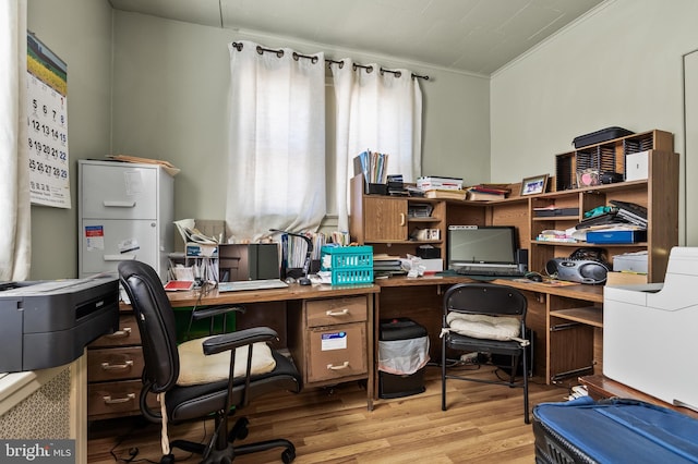 office with ornamental molding and wood finished floors