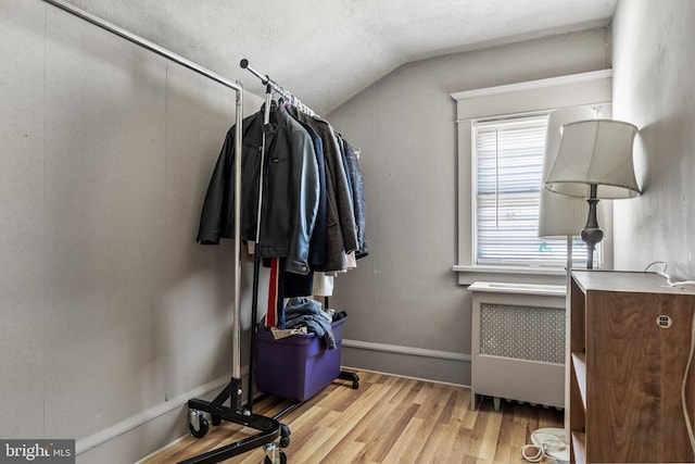 walk in closet with radiator, vaulted ceiling, and wood finished floors