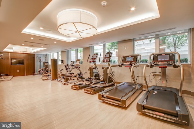 exercise room with recessed lighting, a raised ceiling, and wood finished floors