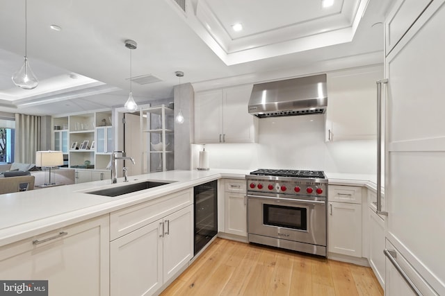 kitchen with luxury range, a raised ceiling, a sink, and wall chimney exhaust hood