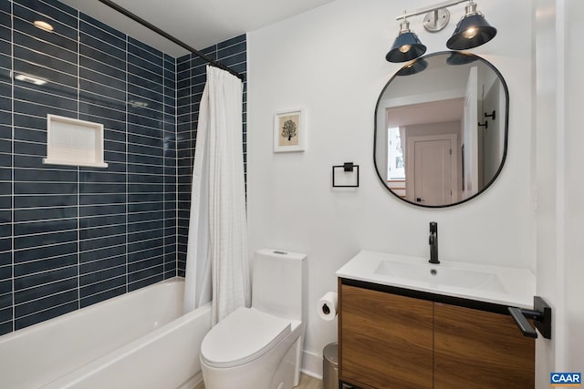 bathroom with toilet, shower / bath combination with curtain, and vanity