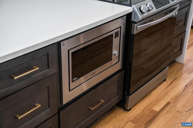 interior details featuring electric range oven, light countertops, light wood finished floors, and stainless steel microwave