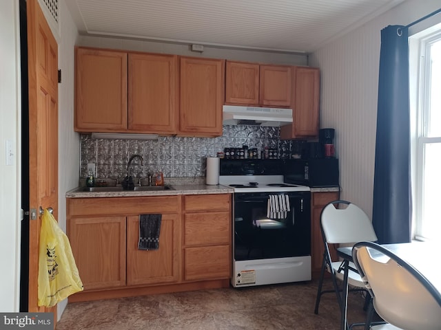 kitchen featuring black microwave, electric stove, light countertops, and under cabinet range hood