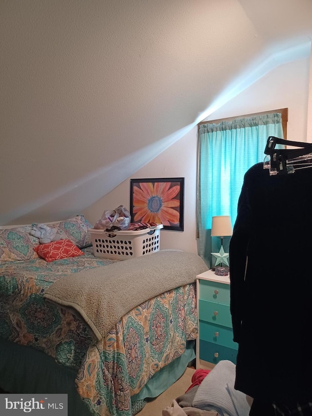 bedroom featuring lofted ceiling and a textured ceiling