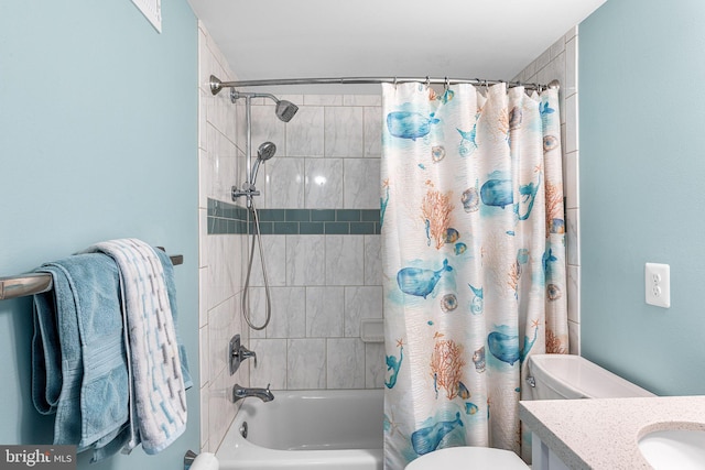 bathroom featuring shower / bathtub combination with curtain, toilet, and vanity