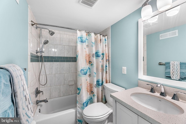 bathroom with vanity, shower / bath combination with curtain, toilet, and visible vents