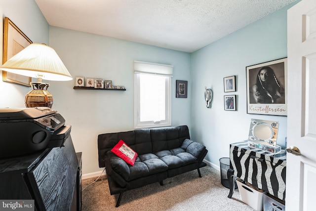 carpeted living room with a textured ceiling and baseboards