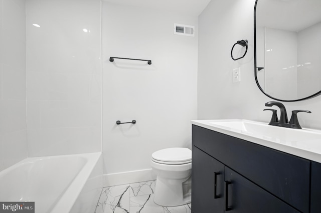 bathroom featuring vanity, baseboards, visible vents, toilet, and marble finish floor