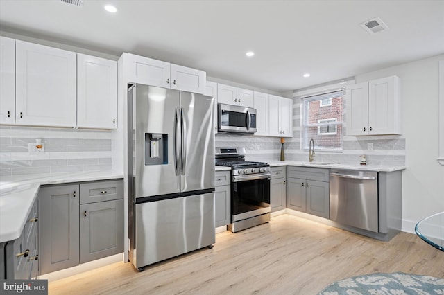 kitchen with visible vents, light wood-type flooring, gray cabinets, a sink, and appliances with stainless steel finishes