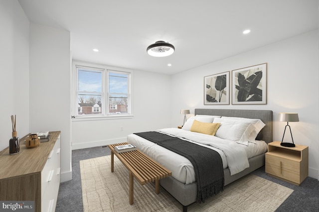 bedroom featuring carpet flooring, recessed lighting, and baseboards