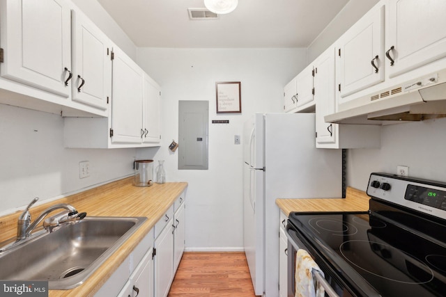 kitchen featuring electric stove, visible vents, a sink, electric panel, and under cabinet range hood