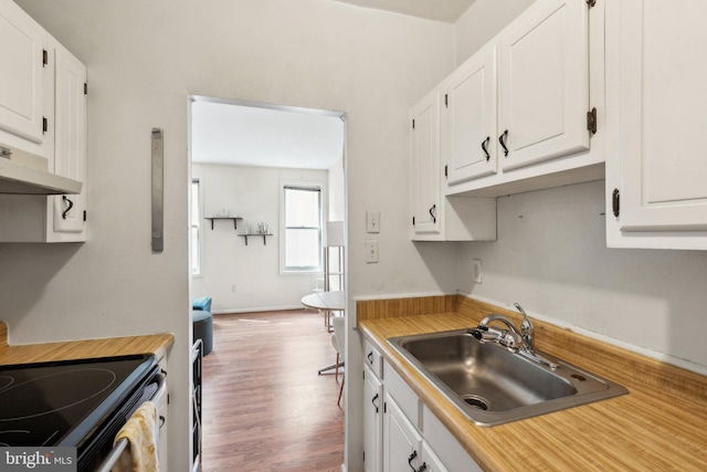 kitchen with under cabinet range hood, white cabinetry, electric range oven, and a sink