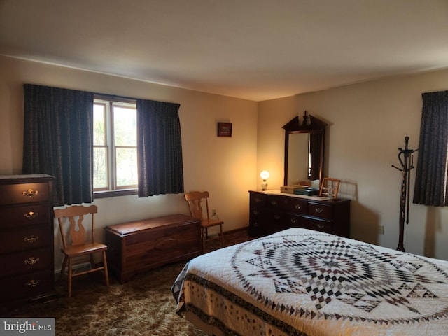 bedroom featuring dark carpet